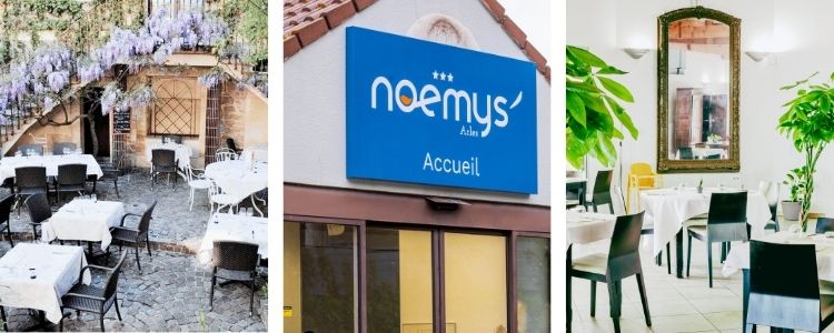 Photos de mise en valeur des terrasses de nos restaurantions noemys, des salles de restaurants et de la façade d'un hôtel noemys d'Arles